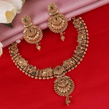 Traditional leaf flower and elephant shape gold plated choker necklace set for women 1