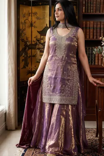 Lavender fandy silk blend embroidered kurti palazzo set with dupatta