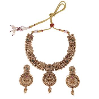 Traditional leaf flower and elephant shape gold plated choker necklace set for women 2