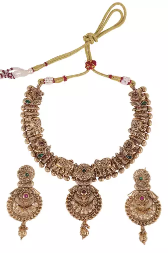 Traditional leaf flower and elephant shape gold plated choker necklace set for women