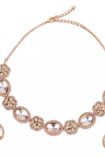 flower and circle shape uncut kundan stone 18 kt gold plated brass choker necklace set for women
