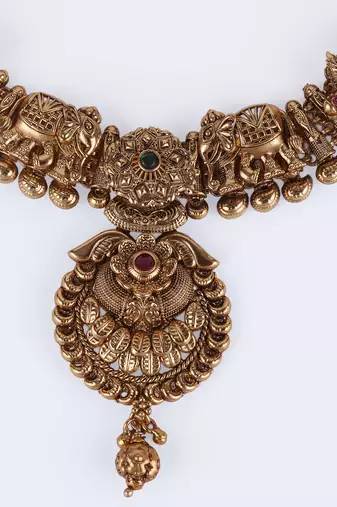 Traditional leaf flower and elephant shape gold plated choker necklace set for women