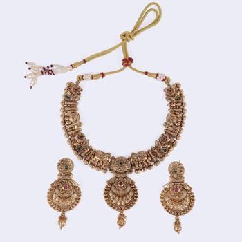 Traditional leaf flower and elephant shape gold plated choker necklace set for women 4