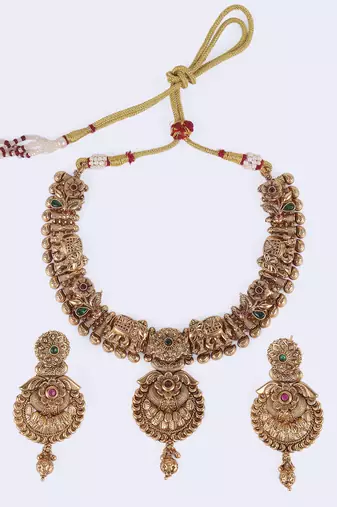 Traditional leaf flower and elephant shape gold plated choker necklace set for women