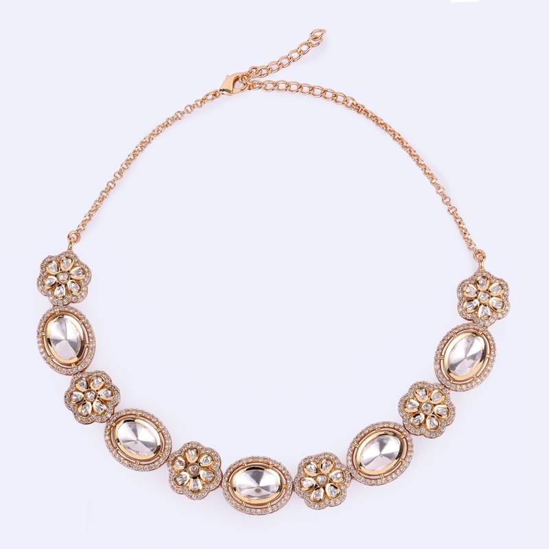 flower and circle shape uncut kundan stone 18 kt gold plated brass choker necklace set for women