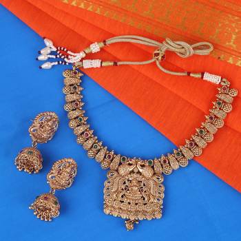 Traditional laxmi and peacock design gold plated choker necklace set for women 1