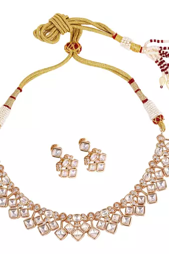 admirable rectangle shape uncut kundan stone 18 kt gold plated brass choker jewellery set for women