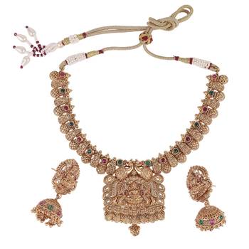 Traditional laxmi and peacock design gold plated choker necklace set for women 2