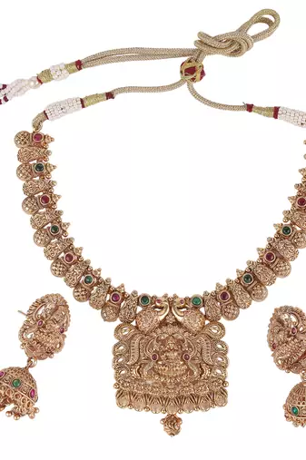 Traditional laxmi and peacock design gold plated choker necklace set for women