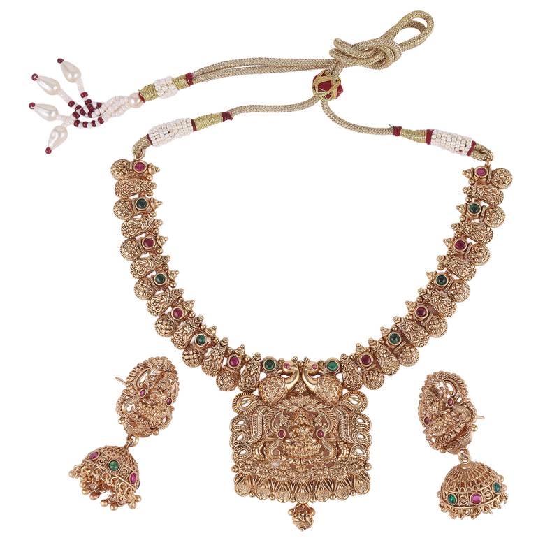 Traditional laxmi and peacock design gold plated choker necklace set for women