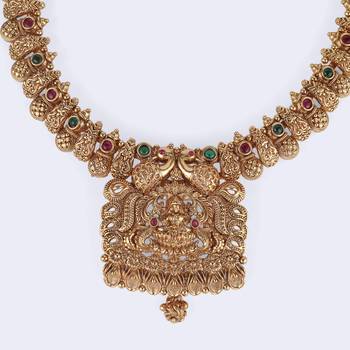 Traditional laxmi and peacock design gold plated choker necklace set for women 3