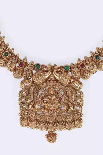 Traditional laxmi and peacock design gold plated choker necklace set for women