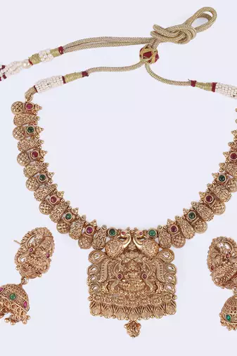 Traditional laxmi and peacock design gold plated choker necklace set for women