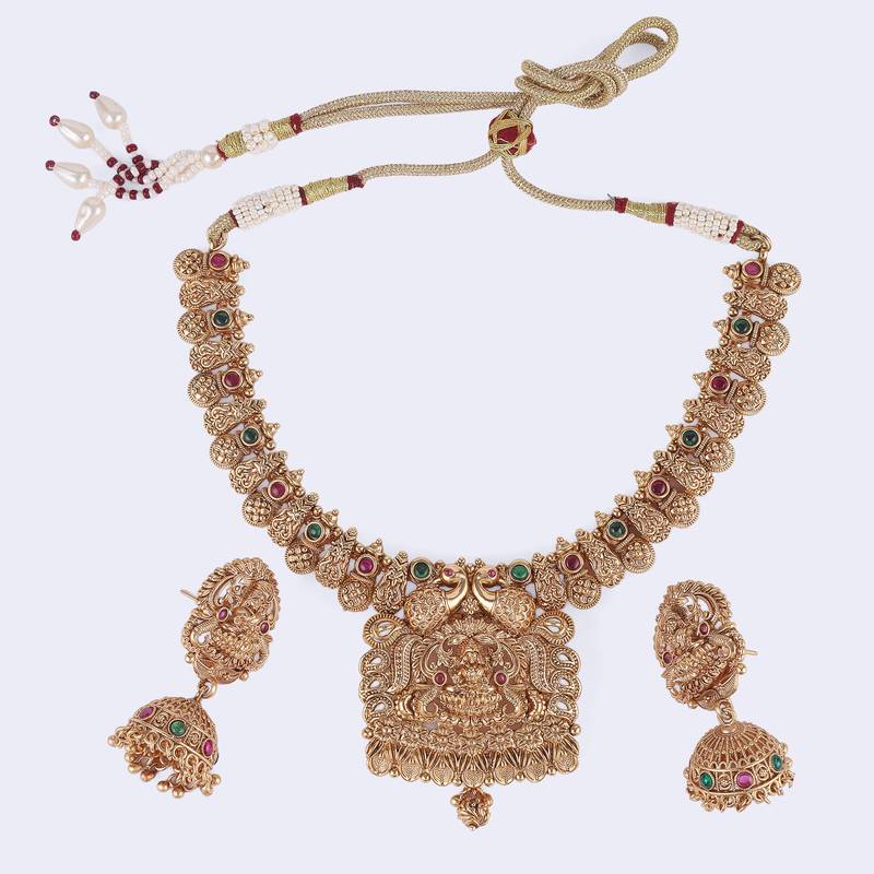 Traditional laxmi and peacock design gold plated choker necklace set for women