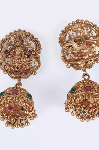 Traditional laxmi and peacock design gold plated choker necklace set for women