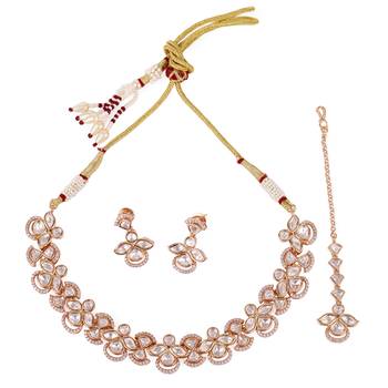 elegant leaf design uncut kundan stone 18 kt gold plated brass choker jewellery set for women 1