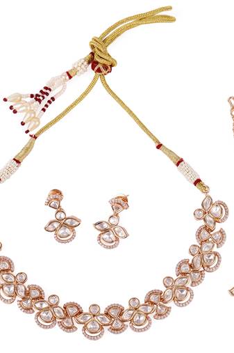 elegant leaf design uncut kundan stone 18 kt gold plated brass choker jewellery set for women