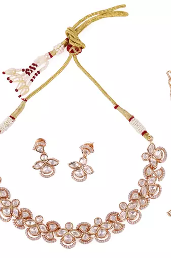 elegant leaf design uncut kundan stone 18 kt gold plated brass choker jewellery set for women