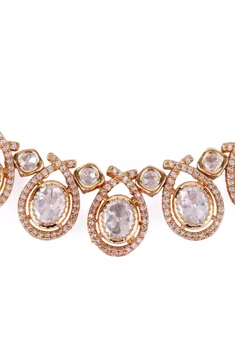 oval and round shape uncut kundan stone 18 kt gold plated brass choker jewellery set for women