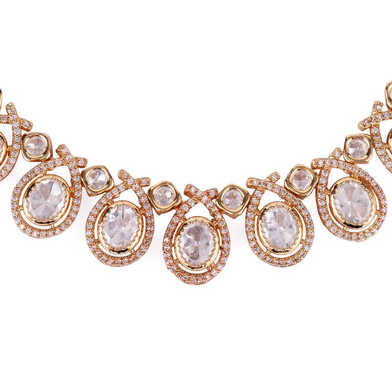 oval and round shape uncut kundan stone 18 kt gold plated brass choker jewellery set for women