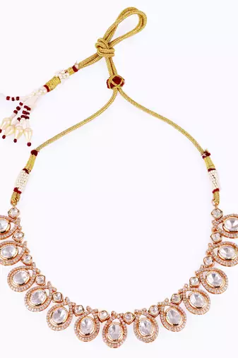 oval and round shape uncut kundan stone 18 kt gold plated brass choker jewellery set for women