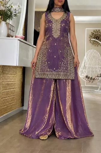 Lavender fandy silk blend embroidered kurti palazzo set with dupatta