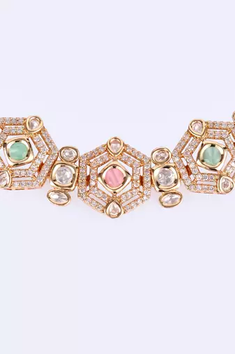 fabulous square shape brass kundan stone 18 kt gold plated choker jewellery set for women