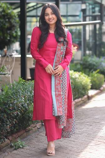 Rani pink cotton kurti pant set with printed chanderi silk dupatta