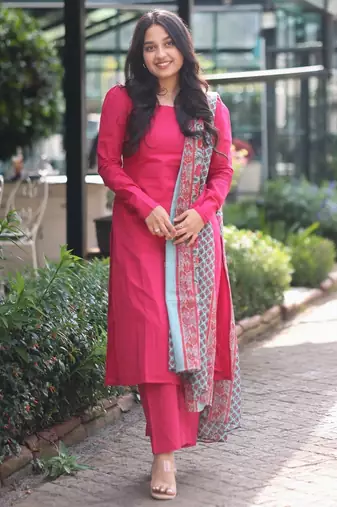 Rani pink cotton kurti pant set with printed chanderi silk dupatta
