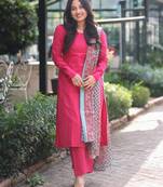 Rani pink cotton kurti pant set with printed chanderi silk dupatta