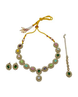 round and oval shape antique gold plated multi uncut kundan stone choker jewellery set for women 1