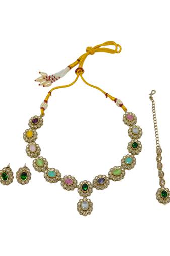 round and oval shape antique gold plated multi uncut kundan stone choker jewellery set for women