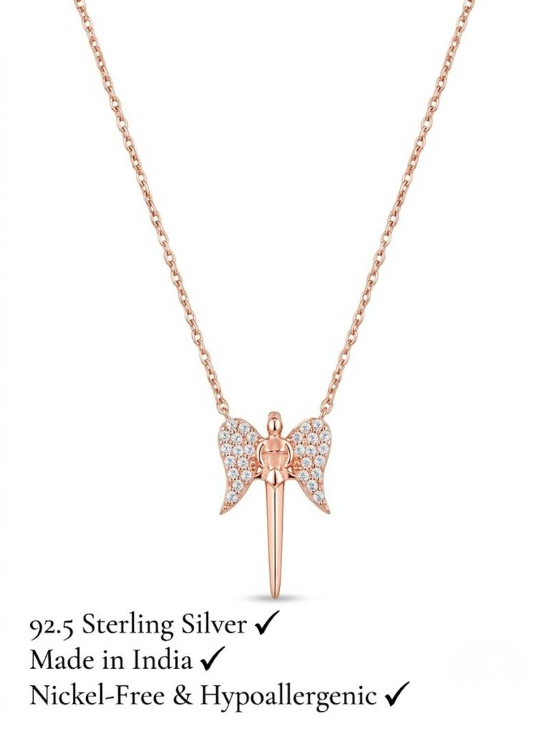 925 Sterling Silver Rose Gold Angel Wing Pendant Necklace Set 