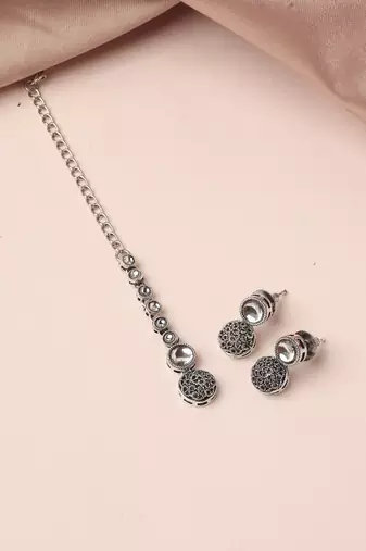 modern round shape white kundan stone silver plated choker brass jewellery set for women