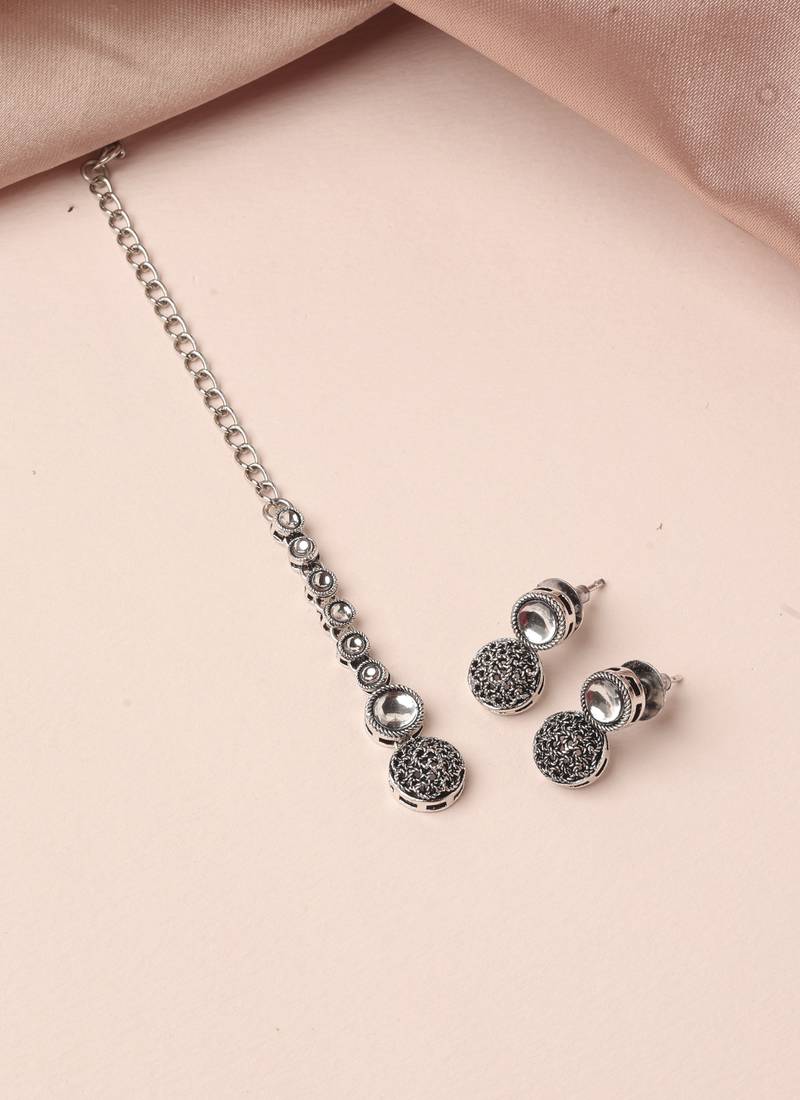 modern round shape white kundan stone silver plated choker brass jewellery set for women
