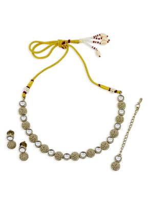 pleasant round shape white kundan stone antique gold plated choker brass jewellery set for women 1