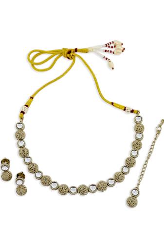 pleasant round shape white kundan stone antique gold plated choker brass jewellery set for women