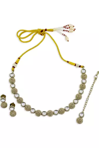 pleasant round shape white kundan stone antique gold plated choker brass jewellery set for women