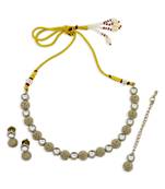 pleasant round shape white kundan stone antique gold plated choker brass jewellery set for women