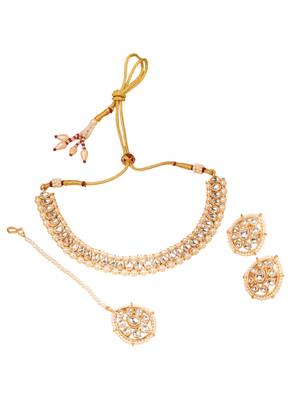 smooth oval and flower design pearl white kundan stone gold plated choker jewellery set for women 1