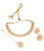 smooth oval and flower design pearl white kundan stone gold plated choker jewellery set for women