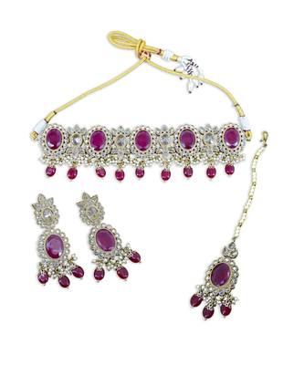 charming circle and leaf design red uncut kundan gold plated collar jewellery set for women 2