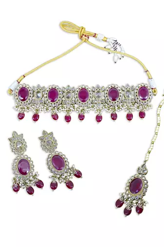 charming circle and leaf design red uncut kundan gold plated collar jewellery set for women