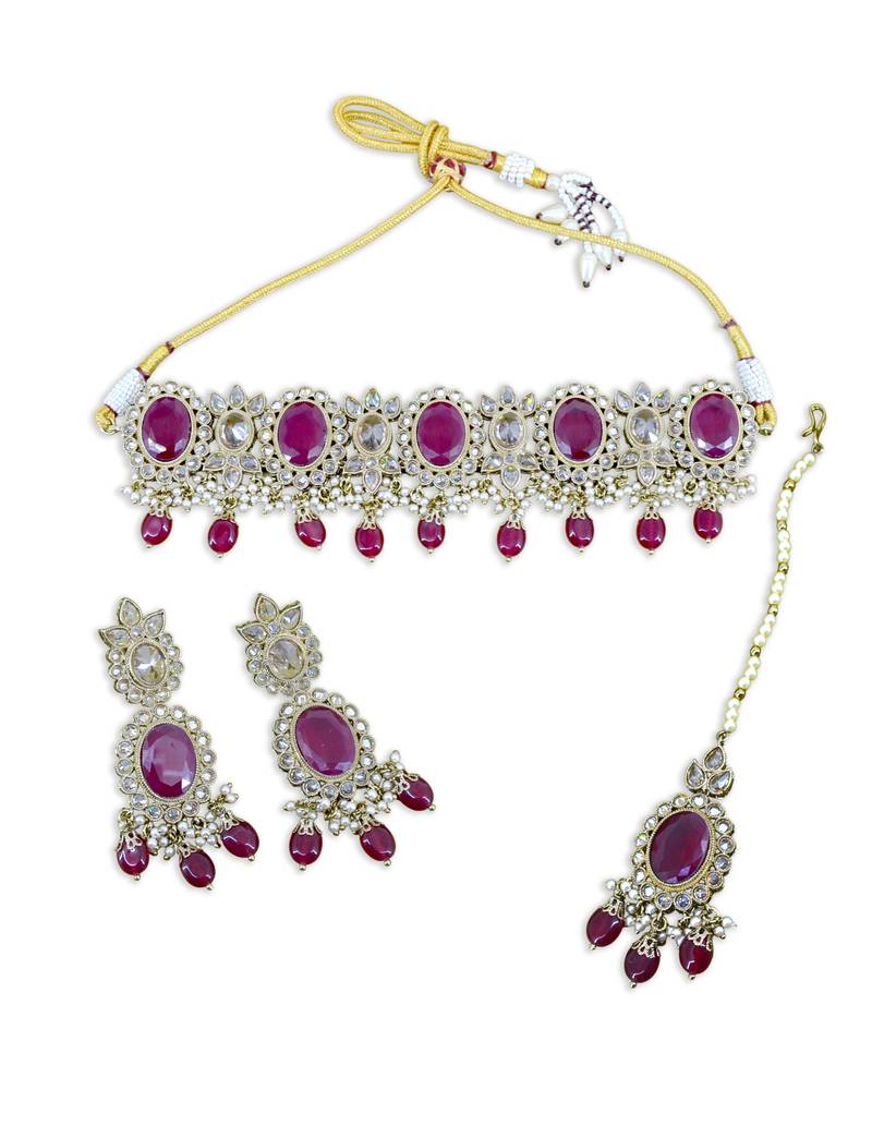 charming circle and leaf design red uncut kundan gold plated collar jewellery set for women