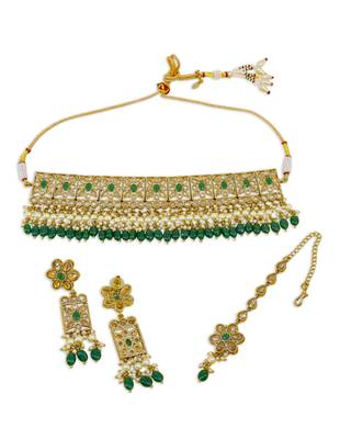 glamorous flower design green uncut kundan gold plated collar jewellery set for women 2