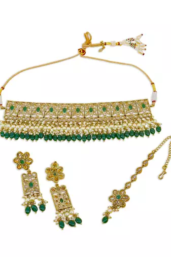 glamorous flower design green uncut kundan gold plated collar jewellery set for women