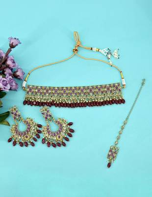 glimmery flower design red uncut kundan gold plated collar jewellery set for women 1