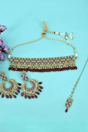 glimmery flower design red uncut kundan gold plated collar jewellery set for women