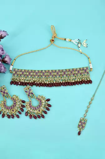 glimmery flower design red uncut kundan gold plated collar jewellery set for women