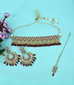 glimmery flower design red uncut kundan gold plated collar jewellery set for women